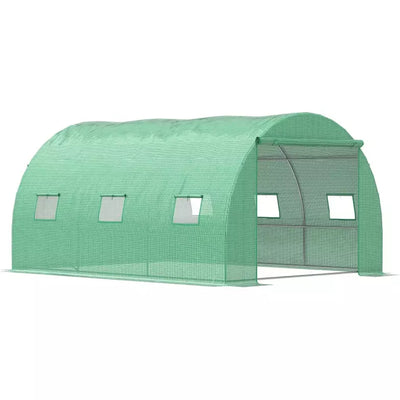13x10ft Polytunnel Greenhouse, Roll Up Door, 6 Windows, Green Outsunny