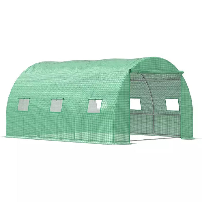 13x10ft Polytunnel Greenhouse, Roll Up Door, 6 Windows, Green