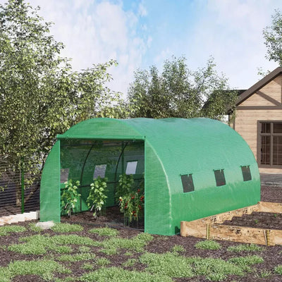 13x10ft Polytunnel Greenhouse, Roll Up Door, 6 Windows, Green Outsunny