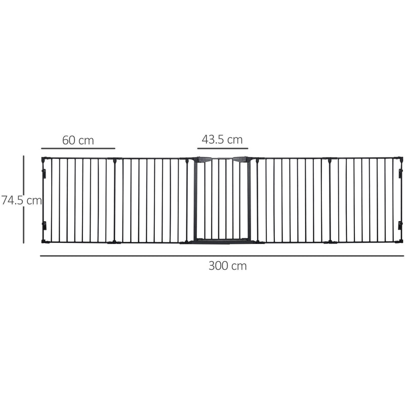 Pet Gate With Door, Pet Playpen, L300 x H74.5 cm, Black