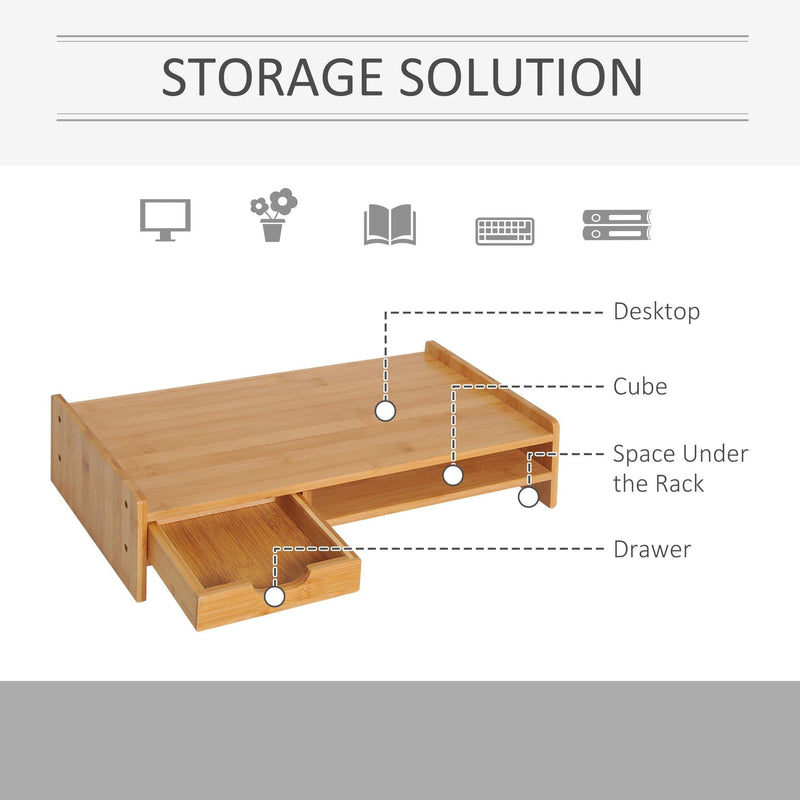Monitor Riser, PC Stand, Drawer, Bamboo, Desktop Organiser