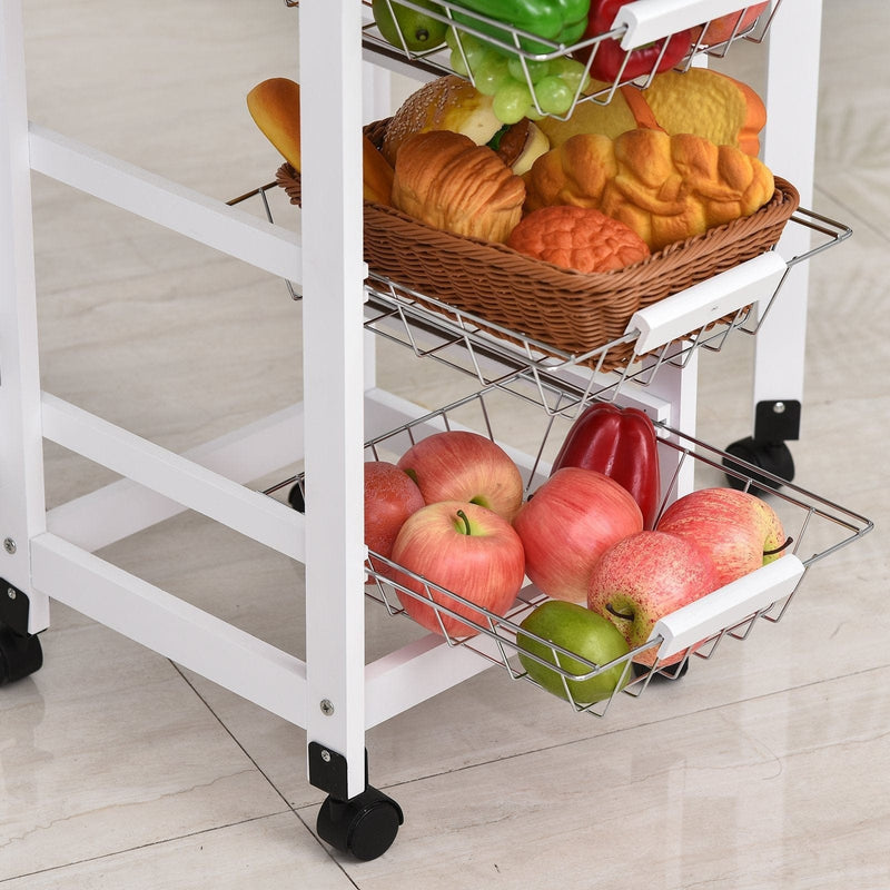 Kitchen Trolley on Wheels, Drop Leaf, 3 Baskets, White Oak