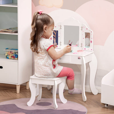 Kids Dressing Table and Stool Set with Mirror, White Homcom