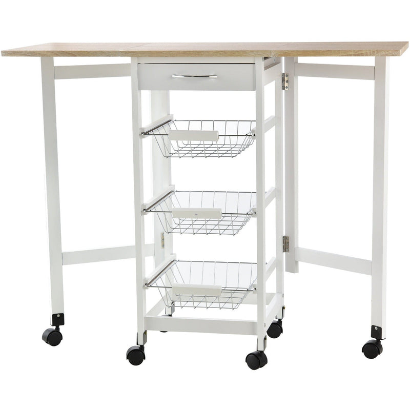 Kitchen Trolley on Wheels, Drop Leaf, 3 Baskets, White Oak