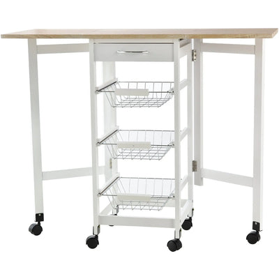 Kitchen Trolley on Wheels, Drop Leaf, 3 Baskets, White Oak Homcom