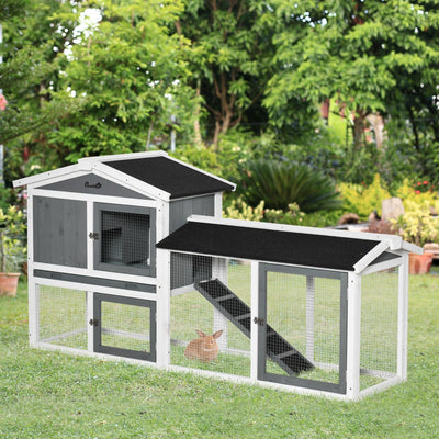 2 Tier Outdoor Wooden Rabbit Hutch, White Pawhut