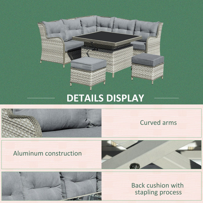 Rattan Corner Sofa With Height Adjustable Table, Grey