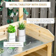 Outsunny Garden Potting Bench Table, Wooden Workstation Bench w/ Galvanized Metal Tabletop, Storage Shelves and Hooks, Natural Outsunny