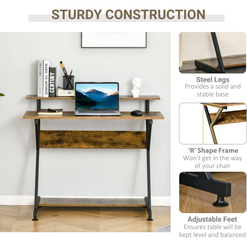 R Shape Compact Desk with Monitor Shelf, Brown