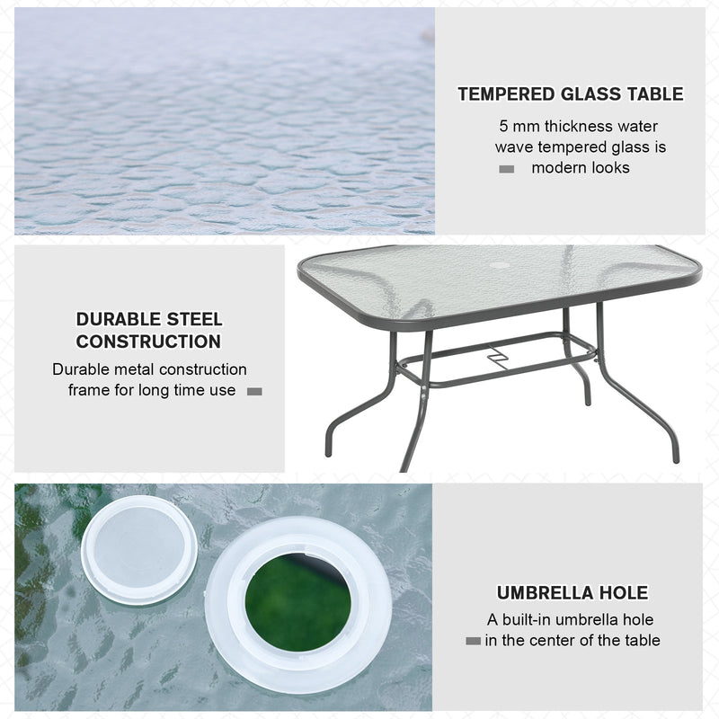 Outsunny Glass Top Garden Table Curved Metal Frame w/ Parasol Hole 4 Legs Outdoor  Balcony Sturdy Friends Family Dining Table  -Grey Outsunny