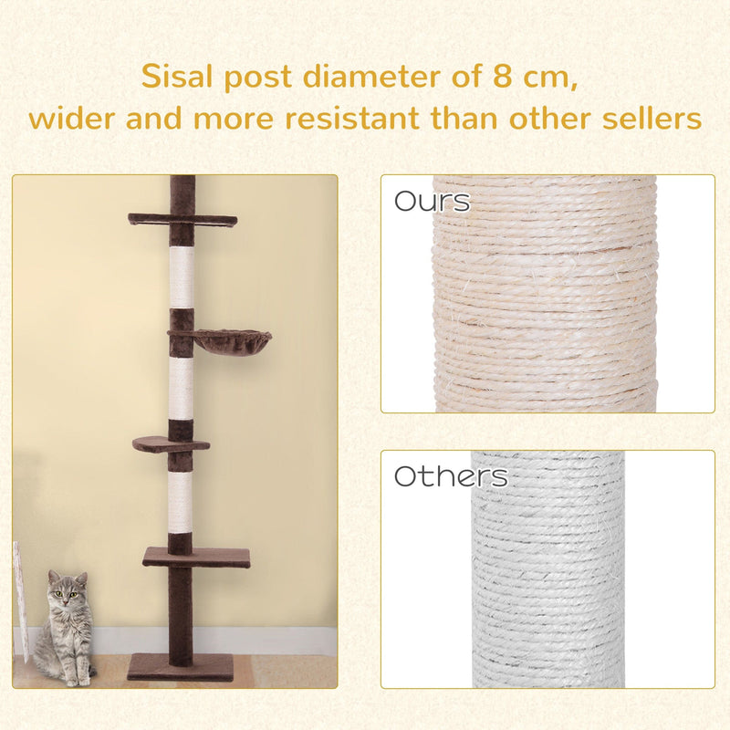 Brown Cat Tree: 5-Tier, Adjustable (230-260cm)