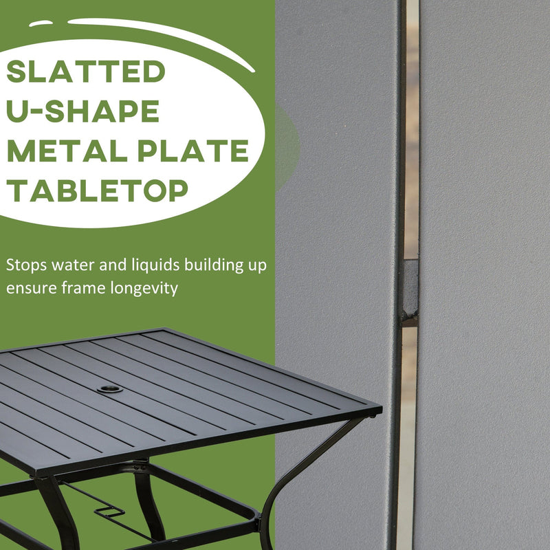 4 Person Square Garden Table For Outdoor Dining - Slatted Metal Plate Top With Parasol Hole - Black Outsunny