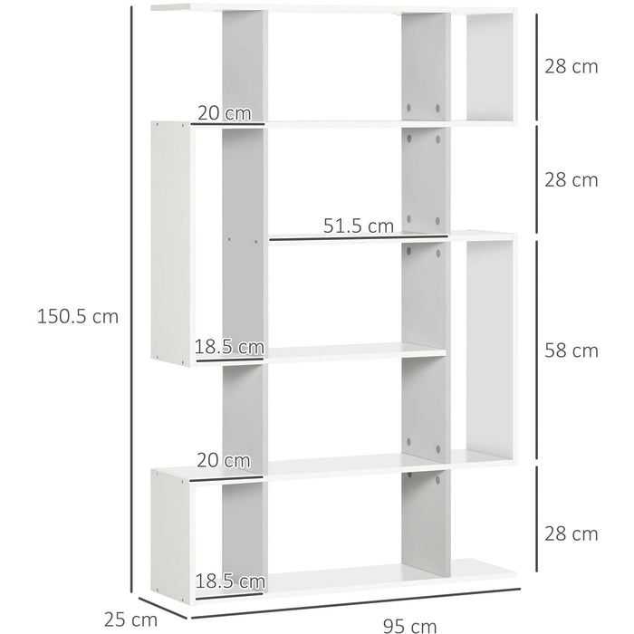 White Wooden Shelving Unit, 5 Shelves, 95W x 25D x 150H cm