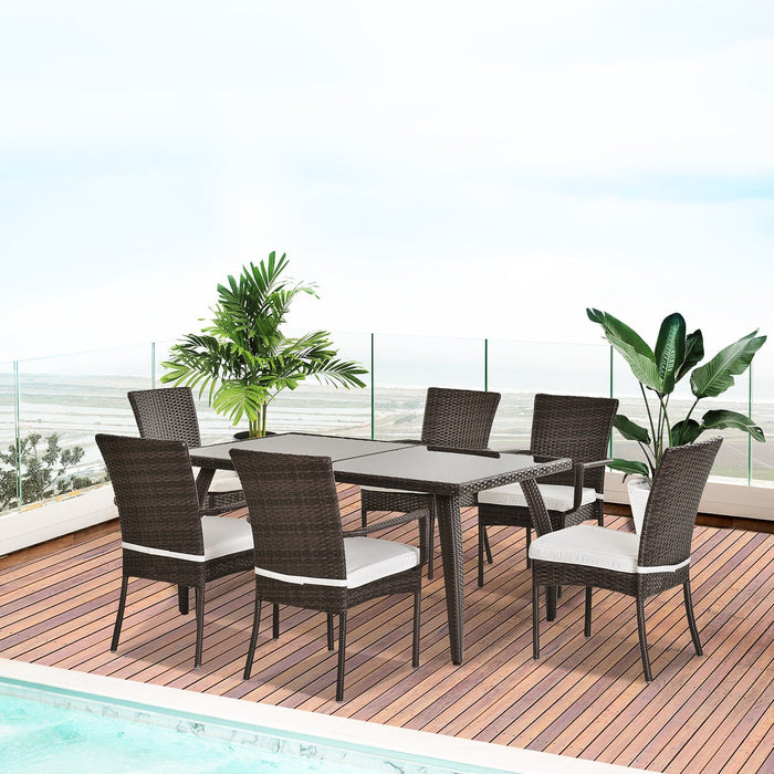 6 Seater Rattan Dining Set with Glass Table, Brown
