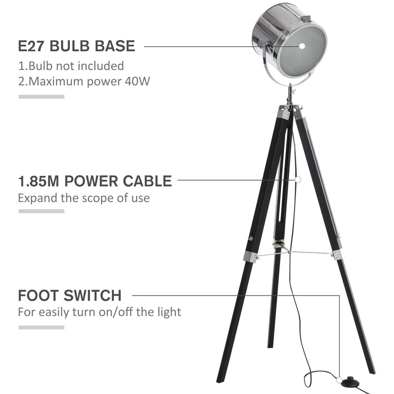 Black Tripod Floor Lamp with Wooden Legs & Steel Shade