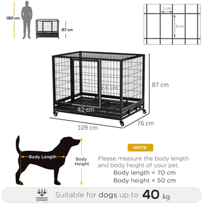 43" Large Heavy Duty Dog Kennel with Wheels, Black Pawhut