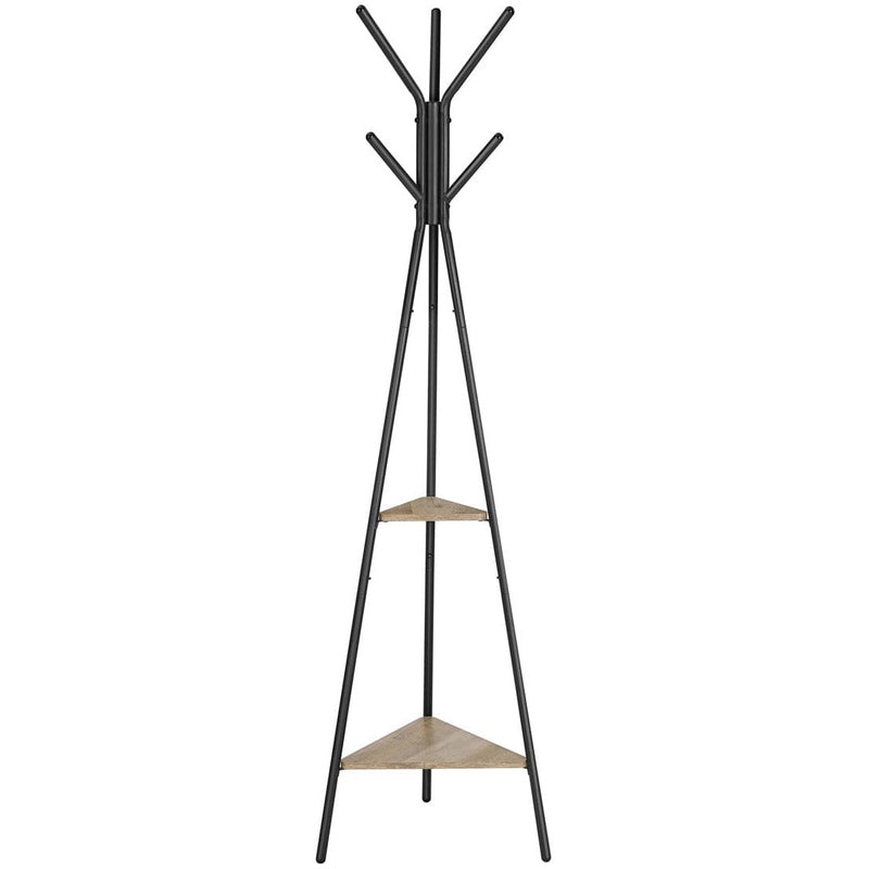 Coat Stand With Shelves by Vasagle - Pyramid style coat stand with a black steel frame and two small shelves - Keeps coats organised in your hallway