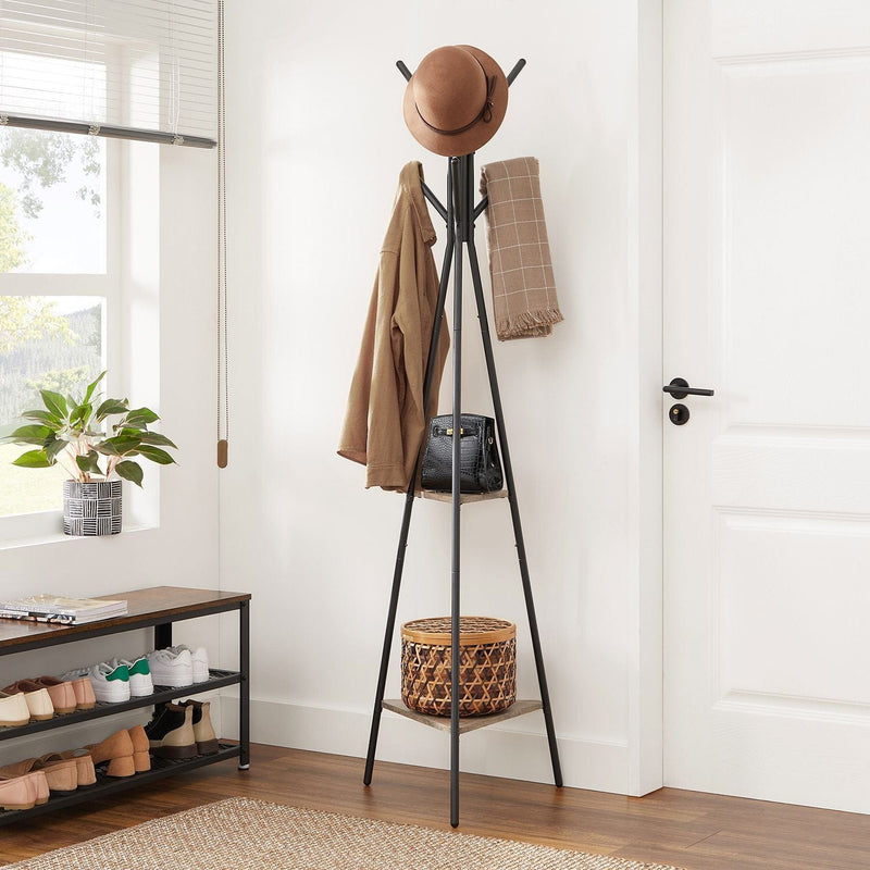 Coat Stand With Shelves by Vasagle - Pyramid style coat stand with a black steel frame and two small shelves - Keeps coats organised in your hallway