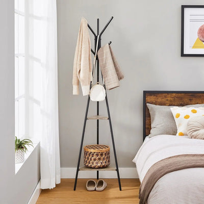Coat Stand With Shelves by Vasagle - Pyramid style coat stand with a black steel frame and two small shelves - Keeps coats organised in your hallway