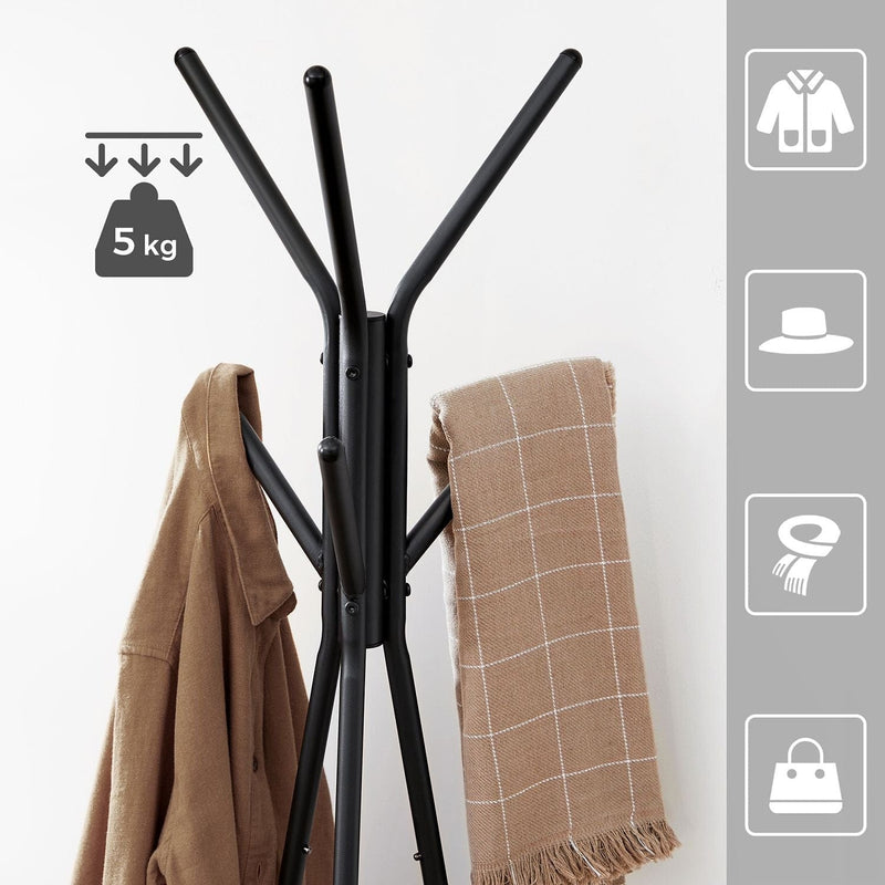 Coat Stand With Shelves by Vasagle - Pyramid style coat stand with a black steel frame and two small shelves - Keeps coats organised in your hallway