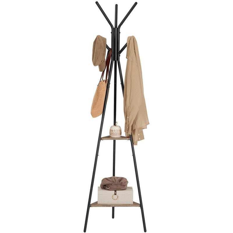 Coat Stand With Shelves by Vasagle - Pyramid style coat stand with a black steel frame and two small shelves - Keeps coats organised in your hallway