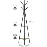 Coat Stand With Shelves by Vasagle - Pyramid style coat stand with a black steel frame and two small shelves - Keeps coats organised in your hallway