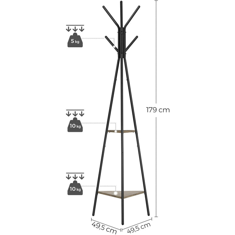 Coat Stand With Shelves by Vasagle - Pyramid style coat stand with a black steel frame and two small shelves - Keeps coats organised in your hallway