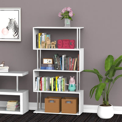 S Shape Bookcase, 5 Shelves, White Homcom