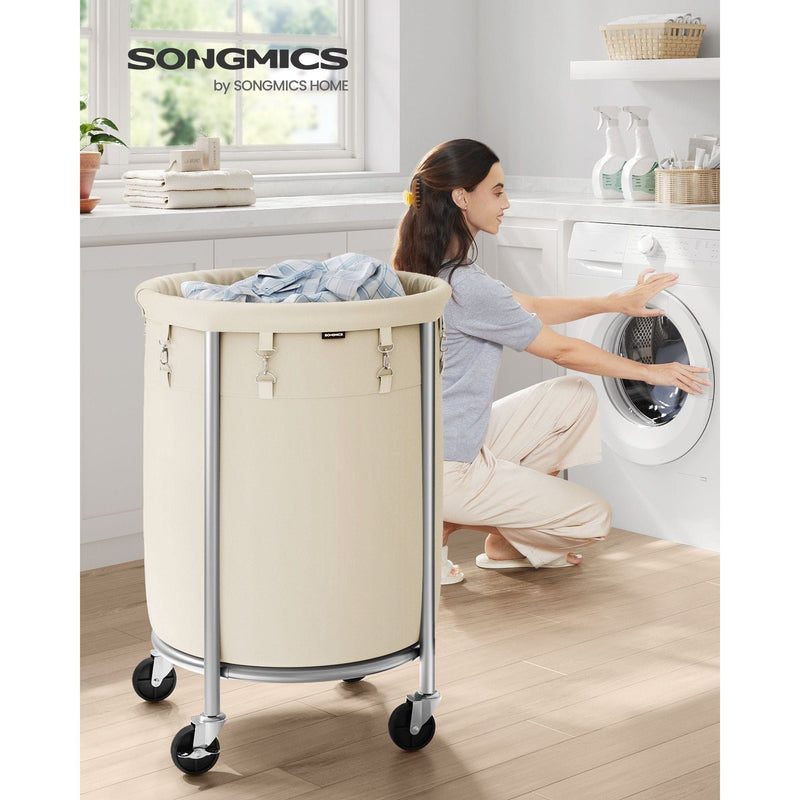 Songmics Laundry Basket on Wheels, Cream & Silver, 110L