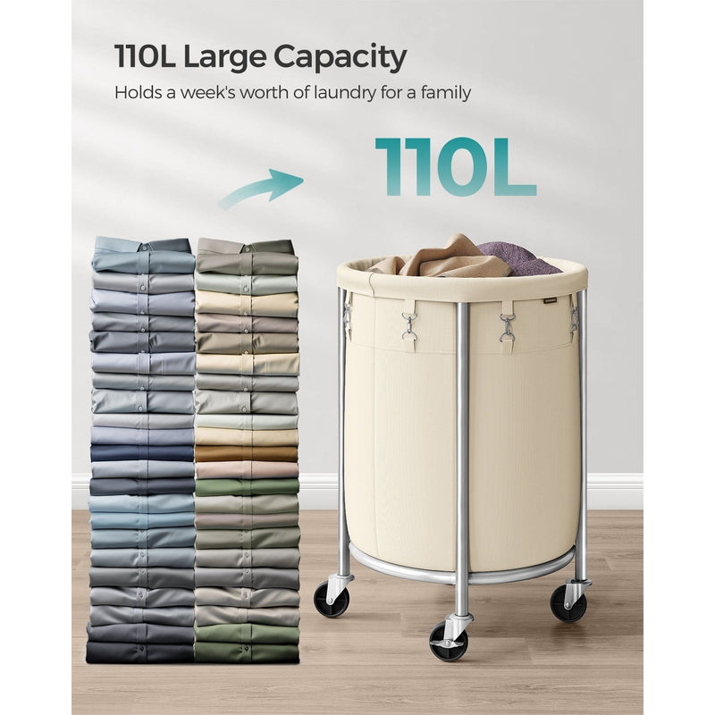 Songmics Laundry Basket on Wheels, Cream & Silver, 110L