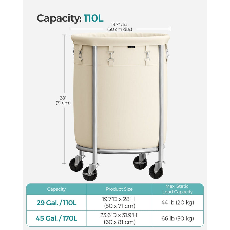 Songmics Laundry Basket on Wheels, Cream & Silver, 110L