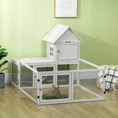 Large Indoor Rabbit Hutch With Run, Light Grey Pawhut