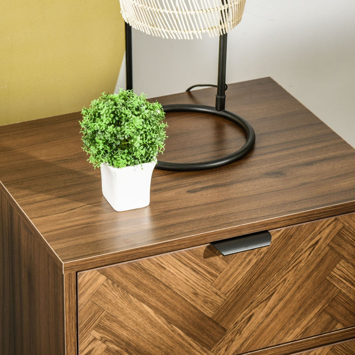 Walnut 2 Drawer Side Cabinet, Herringbone Pattern, For Home