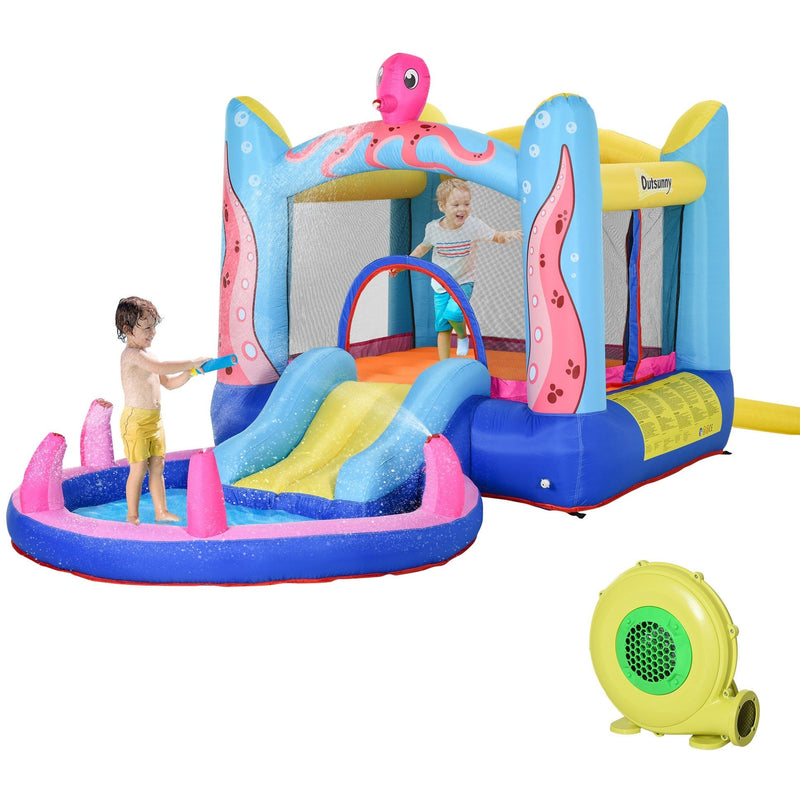 Inflatable Bouncy Castle with Slide and Pool for Fast Outdoor Play Blue Pink Outsunny