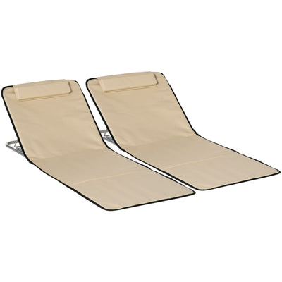 Outsunny Set of 2 Foldable Garden Beach Chair Mat Lightweight Outdoor Sun Lounger Seats Adjustable Back Metal Frame PE Fabric Head Pillow, Beige Outsunny