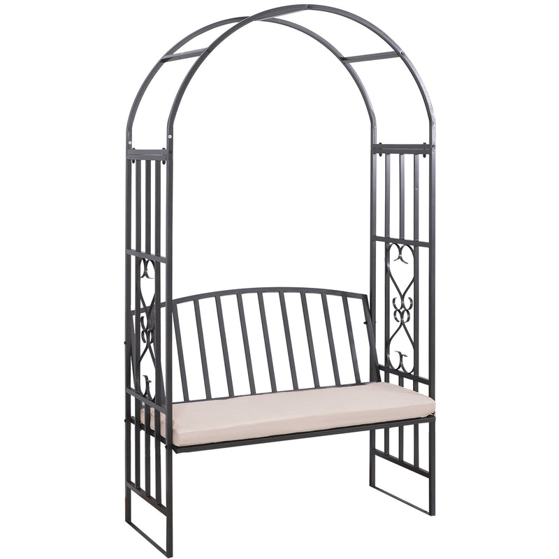 Metal Arch Garden Bench with Cushion, 114x60x206cm, Black Outsunny