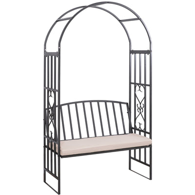 Metal Arch Garden Bench with Cushion, 114x60x206cm, Black Outsunny