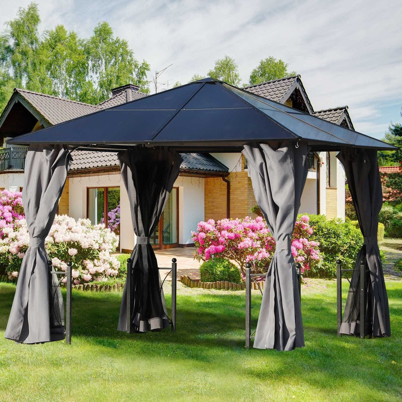 3x3m Polycarbonate Hard Roof Gazebo For Gardens, Steel Frame, Curtains, Mosquito Nets, Black Outsunny