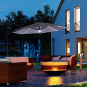 Image of a grey cantilever parasol with solar lights
