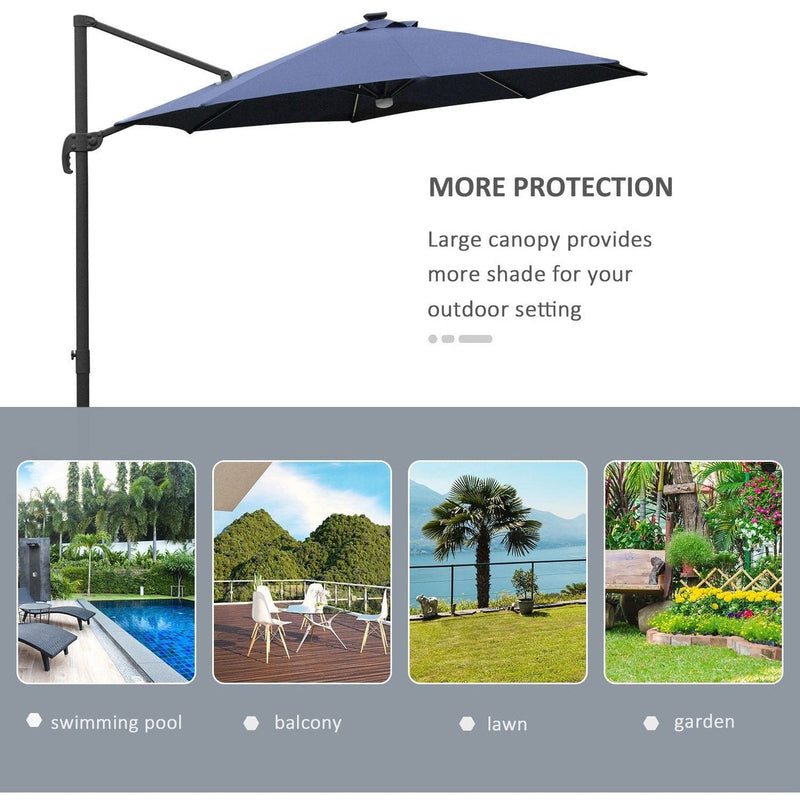 Image of a blue cantilever parasol with solar lights