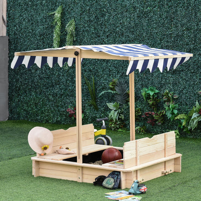 Wooden Sandpit with Adjustable Canopy and Benches for Shaded Outdoor Play Natural Blue White Outsunny