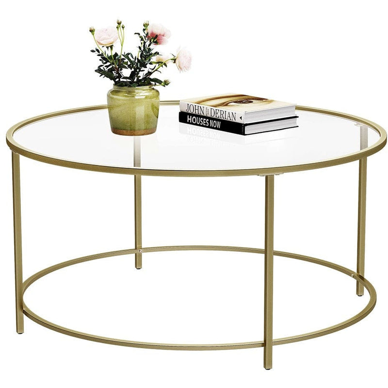 Round Gold Glass Coffee Table With Tempered Glass Top by Vasagle - This is highly desirable coffee table with a sleek modern design - Perfect for living rooms and reception rooms