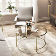 Round Gold Glass Coffee Table With Tempered Glass Top by Vasagle - This is highly desirable coffee table with a sleek modern design - Perfect for living rooms and reception rooms