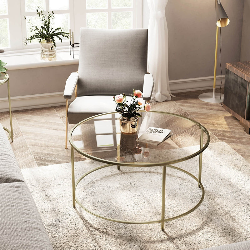 Round Gold Glass Coffee Table With Tempered Glass Top by Vasagle - This is highly desirable coffee table with a sleek modern design - Perfect for living rooms and reception rooms