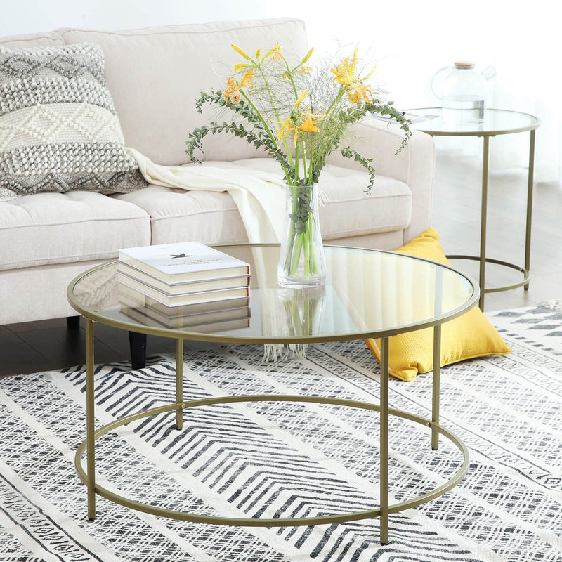 Round Gold Glass Coffee Table With Tempered Glass Top by Vasagle - This is highly desirable coffee table with a sleek modern design - Perfect for living rooms and reception rooms