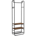 Styish Entryway Coat and Shoe Rack by Vasagle - black steel frame and rustic brown wooden seat and shelf plus one wire shelf for storing shoes. Also includes hooks on the side for hanging bags and umbrellas