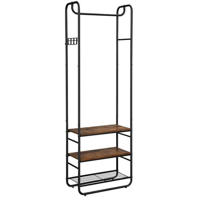 Styish Entryway Coat and Shoe Rack by Vasagle - black steel frame and rustic brown wooden seat and shelf plus one wire shelf for storing shoes. Also includes hooks on the side for hanging bags and umbrellas