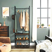 Styish Entryway Coat and Shoe Rack by Vasagle - black steel frame and rustic brown wooden seat and shelf plus one wire shelf for storing shoes. Also includes hooks on the side for hanging bags and umbrellas