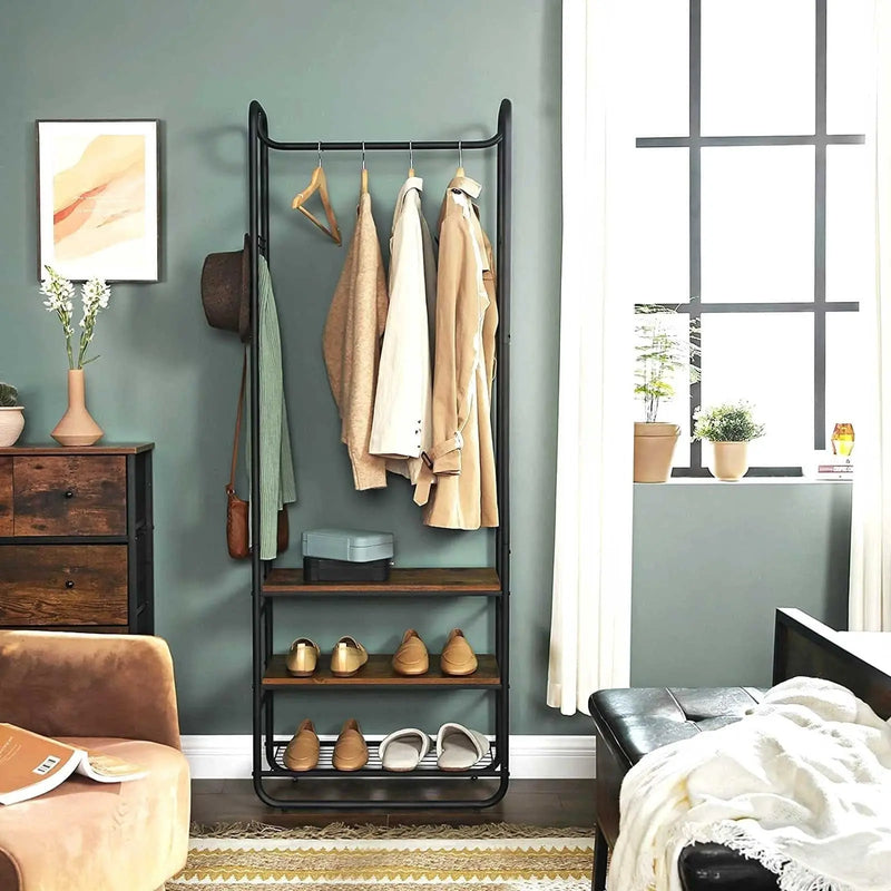 Styish Entryway Coat and Shoe Rack by Vasagle - black steel frame and rustic brown wooden seat and shelf plus one wire shelf for storing shoes. Also includes hooks on the side for hanging bags and umbrellas