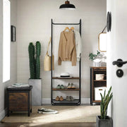 Styish Entryway Coat and Shoe Rack by Vasagle - black steel frame and rustic brown wooden seat and shelf plus one wire shelf for storing shoes. Also includes hooks on the side for hanging bags and umbrellas